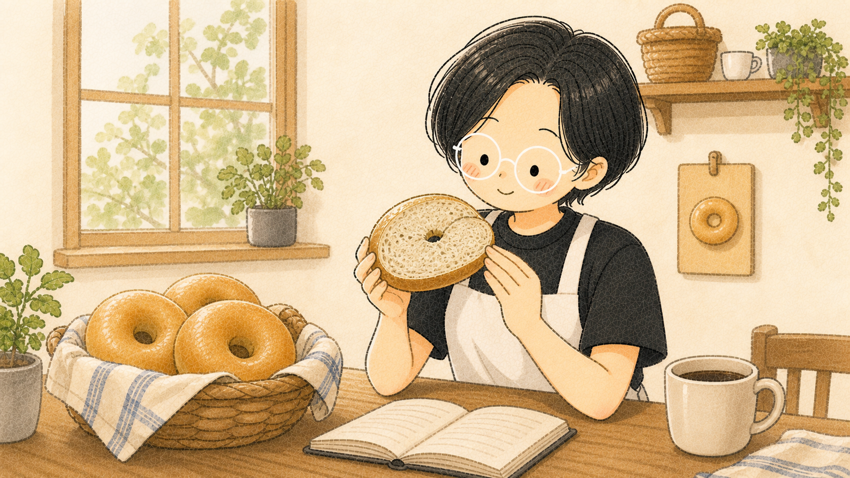 店主がベーグルの断面を見ながら食感を考えている手描き風イラスト